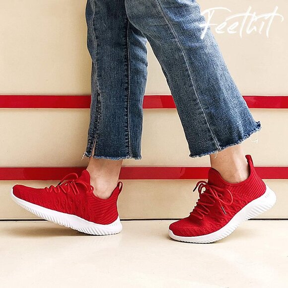 Women's Red Slip-On Walking Shoes Lightweight Breathable Non-Slip Sneakers - Picture 6 of 6